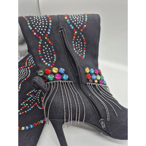 Gianni Bini Women's Boots Size 7 Kaitlin Rhinestone Fringe Denim Cowboy Black - Picture 10 of 14